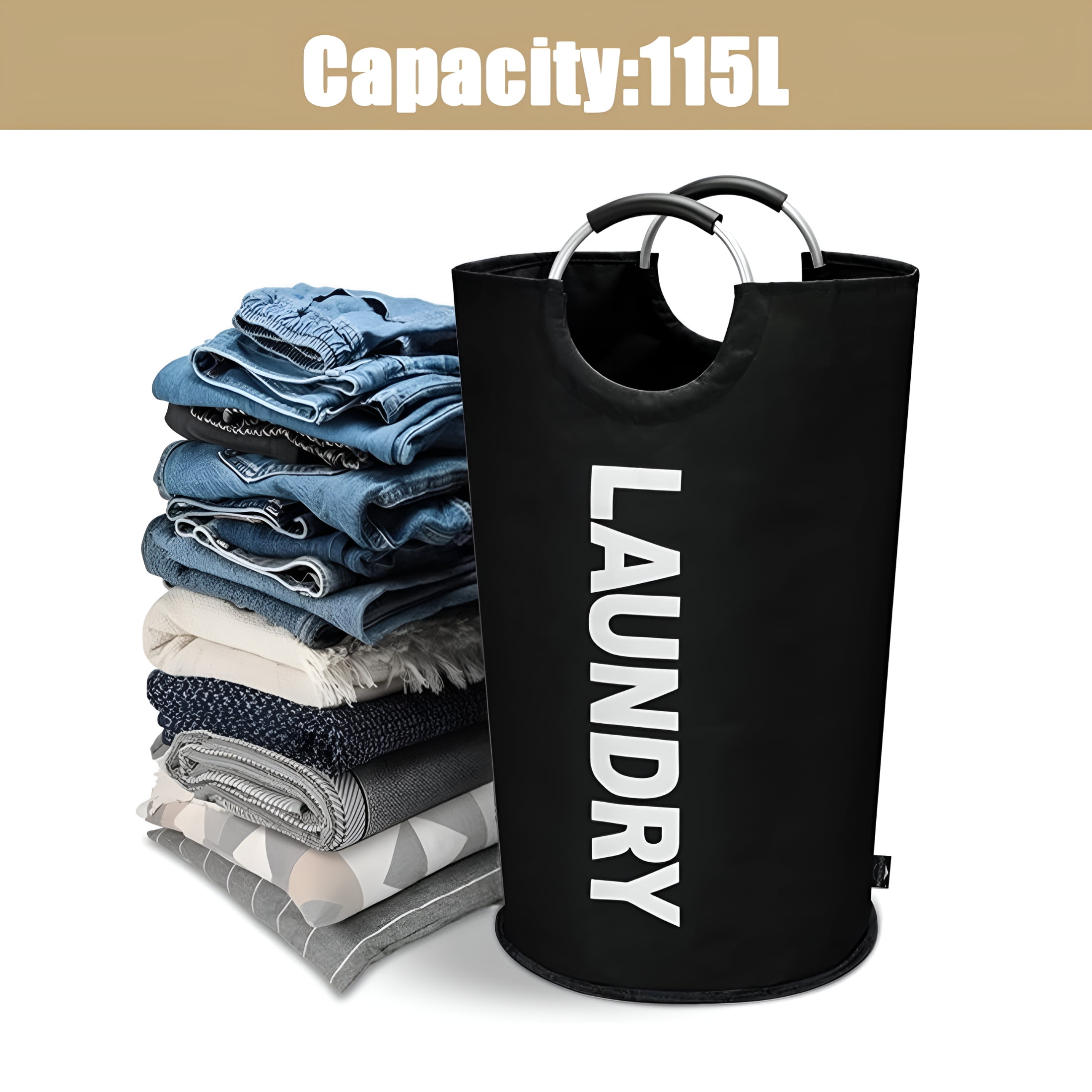 GASTROPOD 2026 New 115L X-Large Laundry Basket,Collapsible Fabric Laundry Bag,Tall Laundry Hamper Waterproof for Dirty Clothes Baskets,Washing Storage Bins Tote Bag,16.5" D × 31" H,Black
