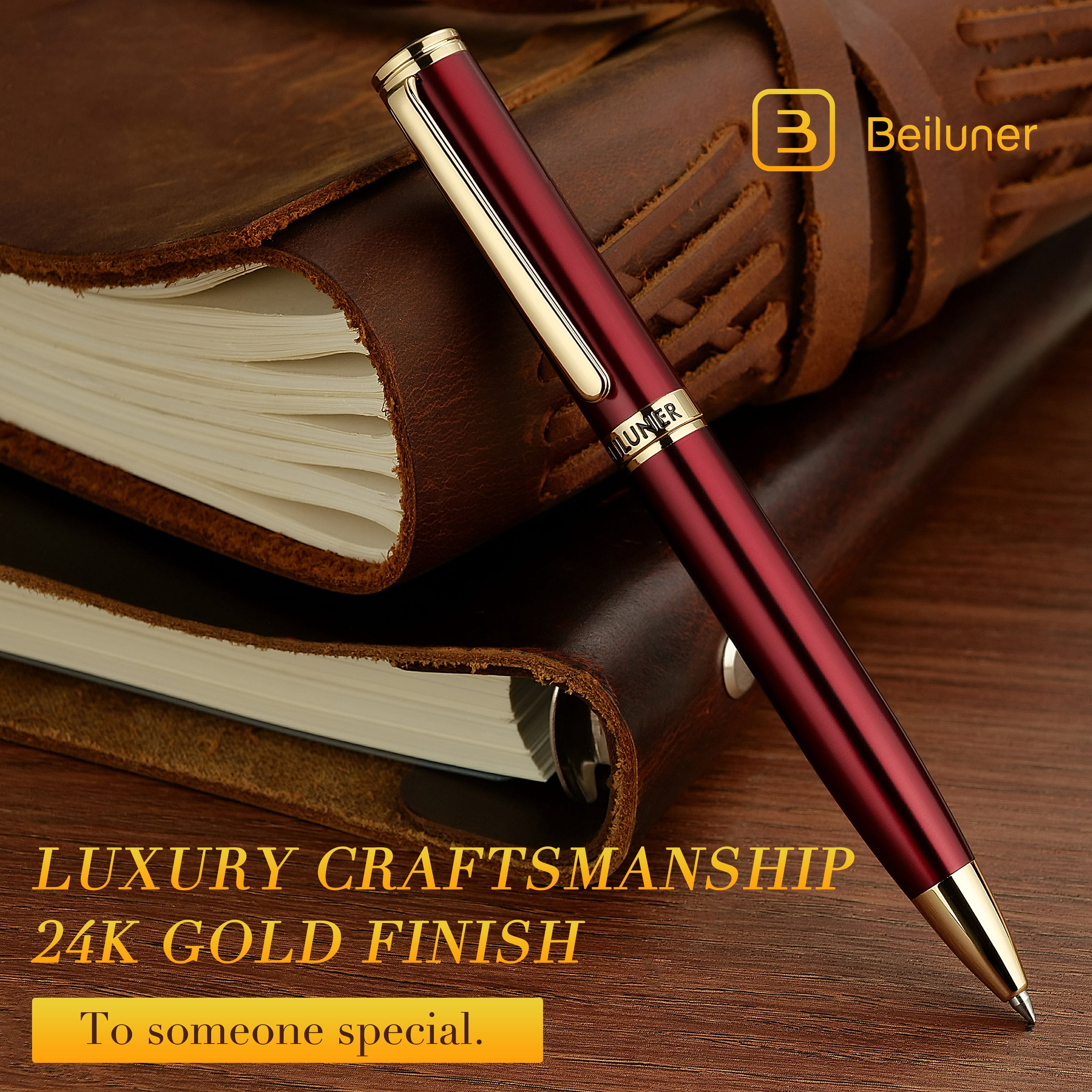 BEILUNER Luxury Gel Pens, Wine Red Pen Barrel with 24K Gold Trim, Classic Leather Box-Best Pen Gift Set for Men & Women Professional, Executive, Office, Retractable, Nice Fancy Designer Pens