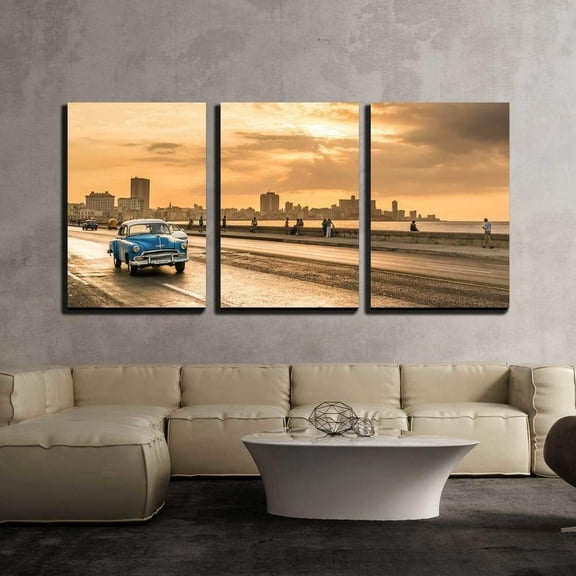 wall26 - 3 Piece Canvas Wall Art - The Sun Setting Over The City of Havana with a View of The Malecon Avenue - Modern Home Art Stretched and Framed Ready to Hang - 16"x24"x3 Panels