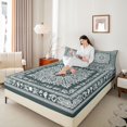 thumbnail image 3 of jejeloiu Moody Vintage Floral Queen Sheets For Men Women,Boho Print Queen Sheet Sets,Teal White,4 Pieces,1 Flat Sheet, 1 Fitted Sheet and 2 Pillowcases, 3 of 6