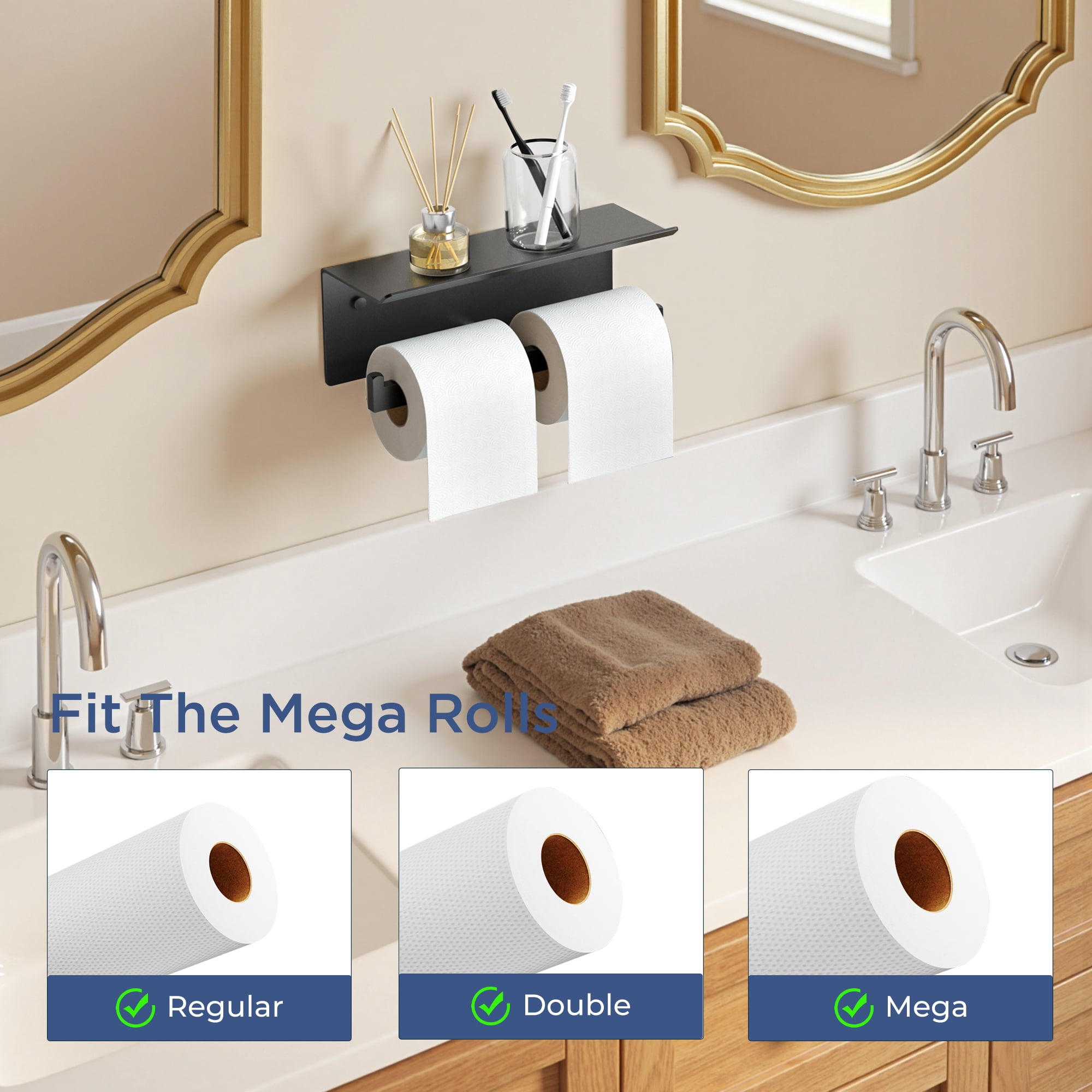 TVOFEK Wall Mounted Toilet Paper Holder with Shelf, Matte Black Stainless Steel Double Tissue Roll Holder Fits Mega Rolls for Bathroom Kitchen RV