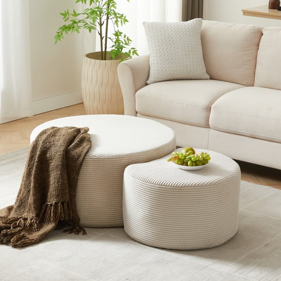 Round Nesting Coffee Table Set of 2, Modern Foam End Table Side Table, Upholstered Circle Accent Tables for Living Room, Beige