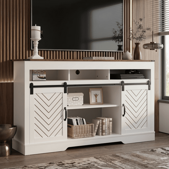 Farmhouse TV Stand for 65 Inch TV, Tall Entertainment Center with Sliding Barn Doors, Rustic Wood Storage Cabinet Media Console for Living Room,White