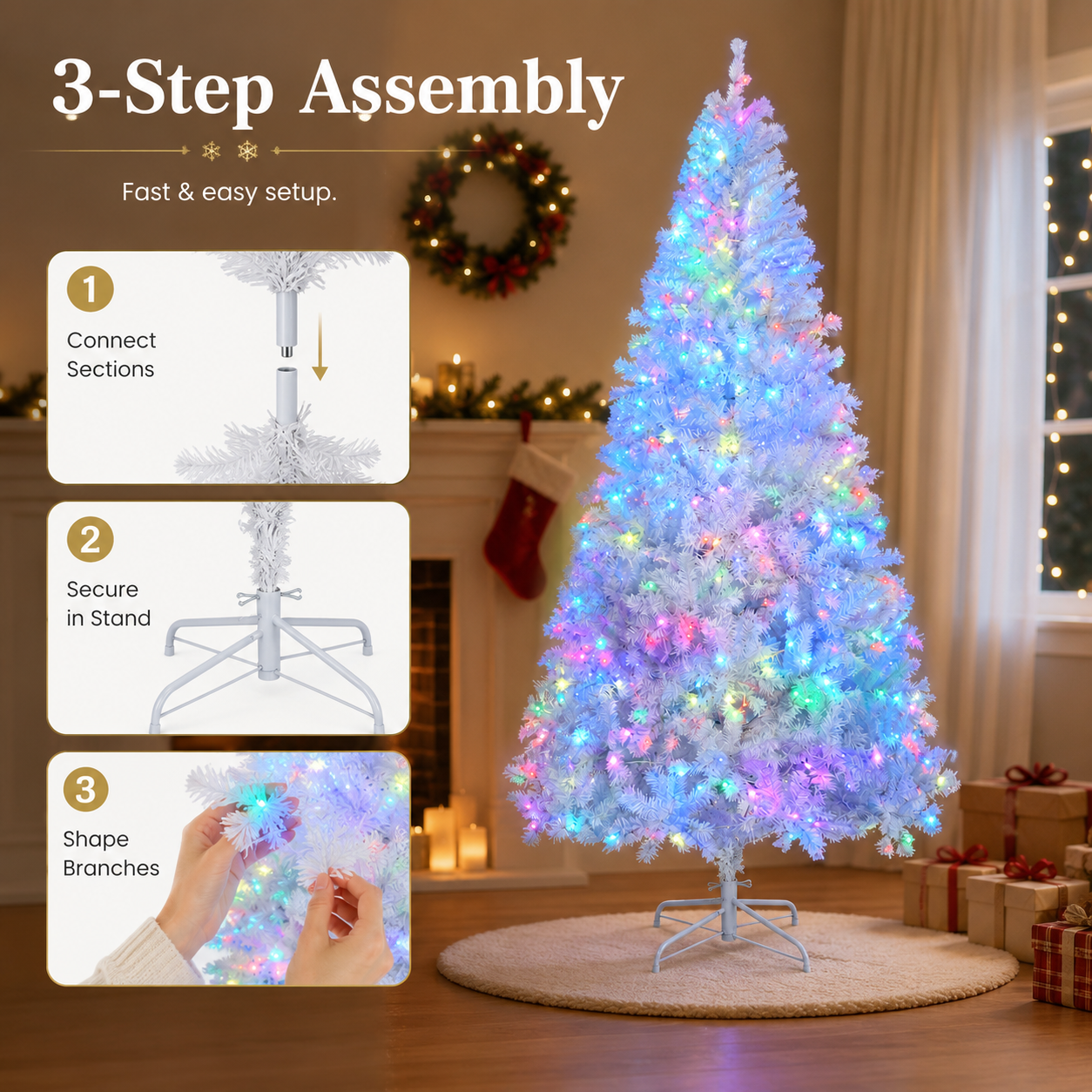Alvantor 7 ft Pre-Lit Artificial Christmas Tree with 400 App-Controlled RGB LED Lights, Hinged Branches and 1150 PVC Tips, White