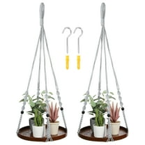 Uxcell Macrame Plant Hangers Indoors, Hanging Plant Shelf with Sturdy Wood Base for Hanging Wall Ceiling Window, Grey 2 Pack
