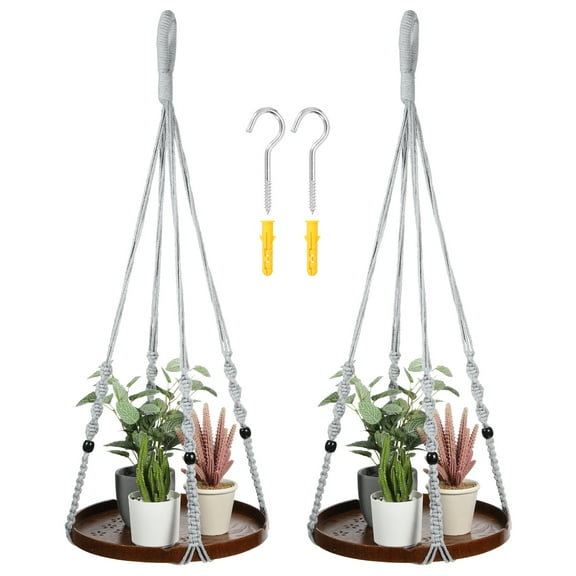 Uxcell Macrame Plant Hangers Indoors, Hanging Plant Shelf with Sturdy Wood Base for Hanging Wall Ceiling Window, Grey 2 Pack