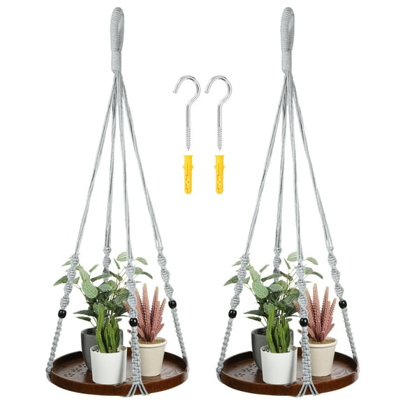 Soportes de plantas de macramé Uxcell para interiores, estante para plantas colgante con base de madera resistente para colgar en la pared, techo o ventana, paquete de 2
