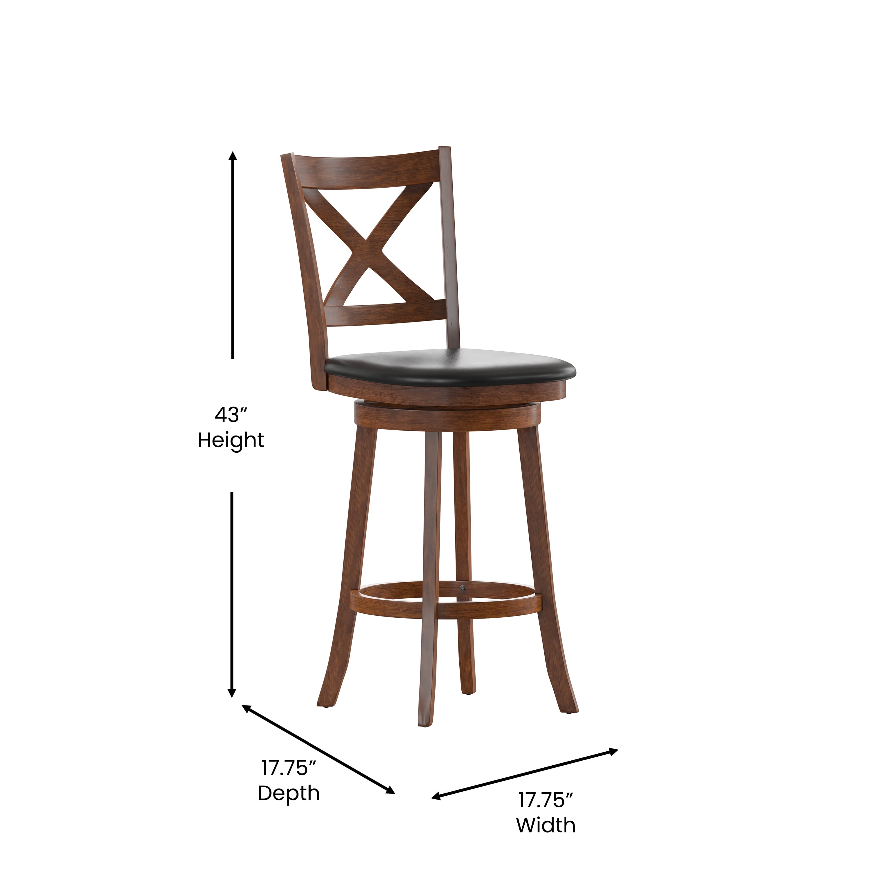 Merrick Lane 30" Antique Oak Classic Wooden Crossback Swivel Bar Height Pub Stool with Black Faux Leather Padded Seat and Integrated Footrest