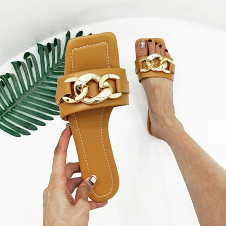 

Wodofoxo Promotion Summer Flat-bottomed Flip Flops Fashion Metal Buckle Retro Square Head