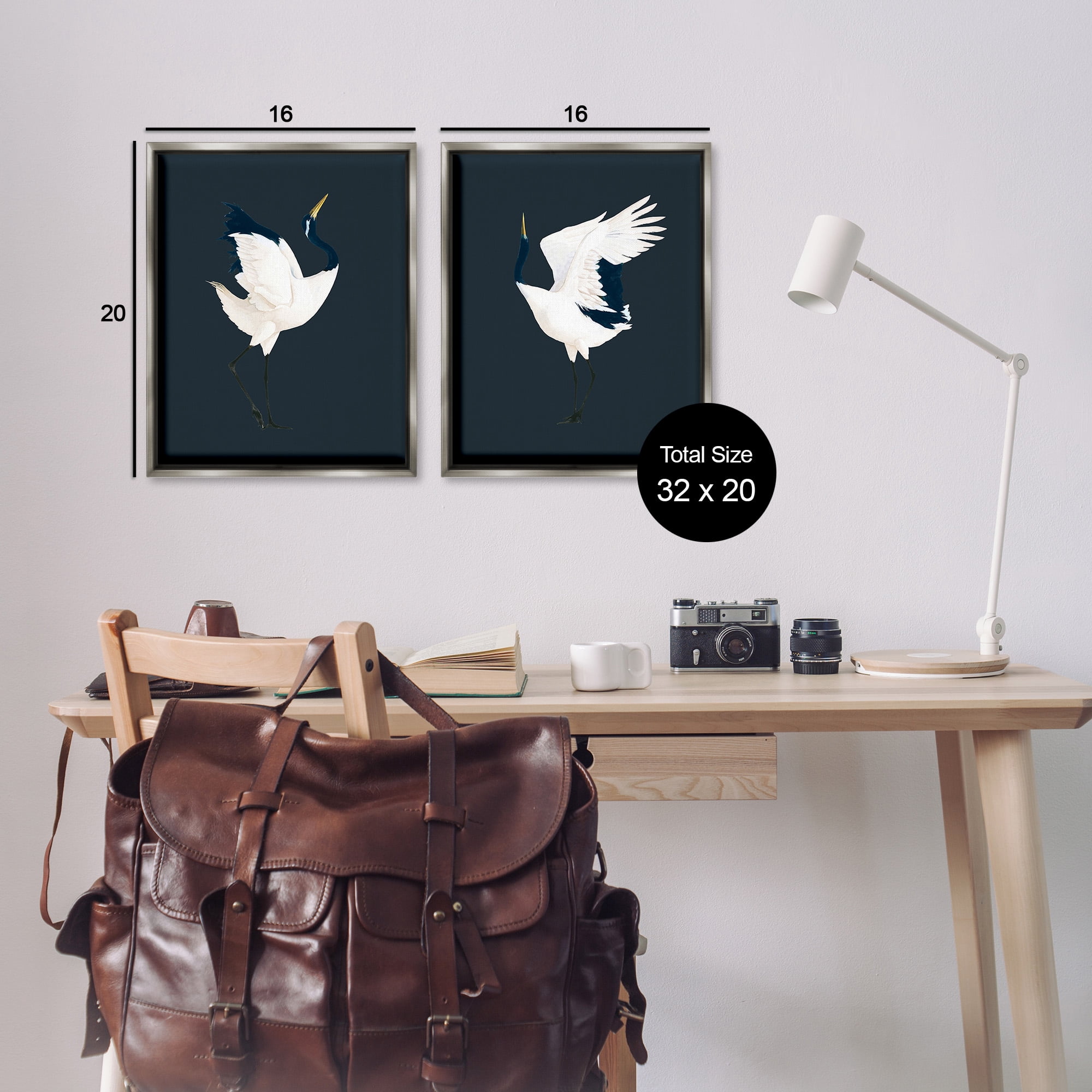 Stupell Industries Traditional Cranes Dance Animals & Insects Painting Gray Floater Framed Canvas Art Print Wall Art, 17 x 21, Set of 2