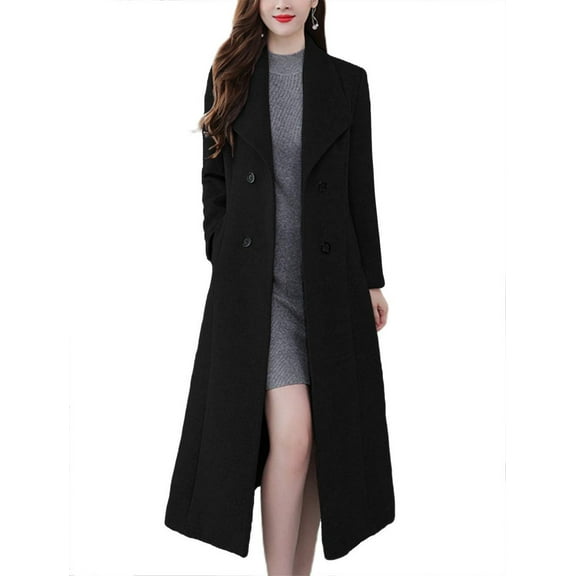FUNING  Women's Chic Shawl Collar Work Double Breasted Maxi Long Wool Pea Coat