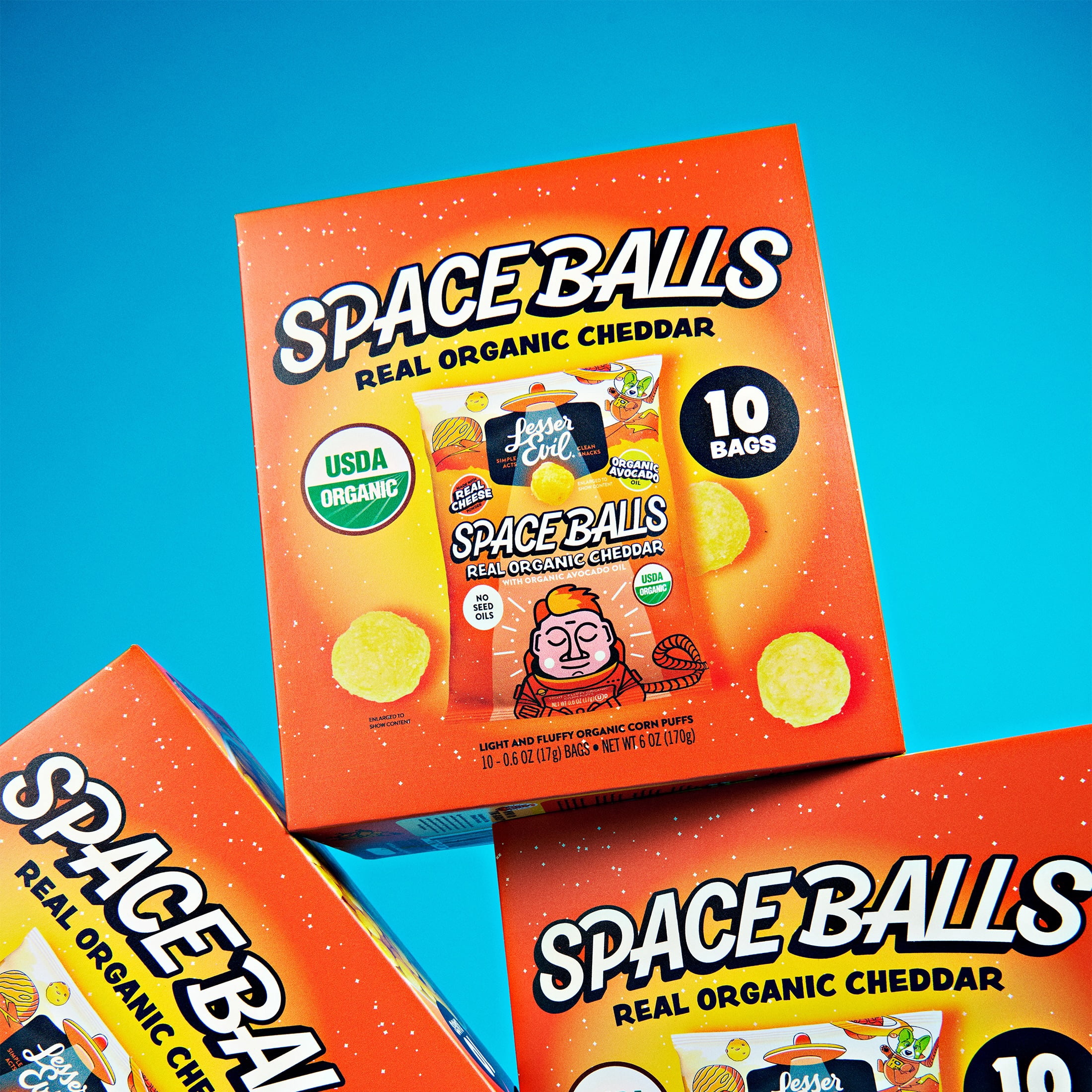 LesserEvil Space Balls, Snack Pack Box, Real Cheese, 10 / 0.6oz