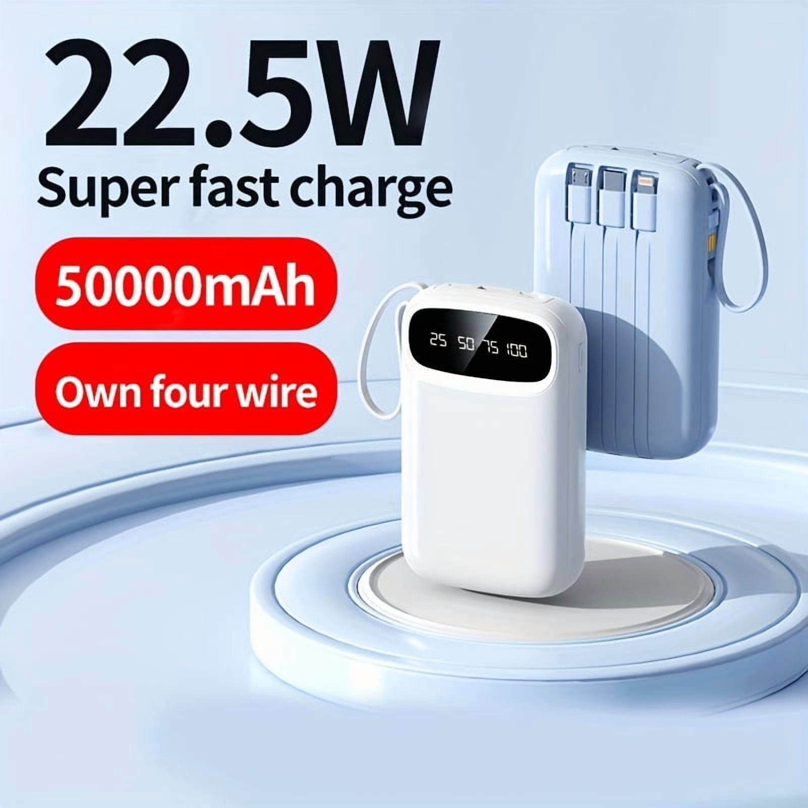 50000mAh Power Bank with 4 Cables, LED Display, Fast Charging for iPhone/Android Phones, Digital Devices, Outdoor Emergency Portable Battery Pack Gift