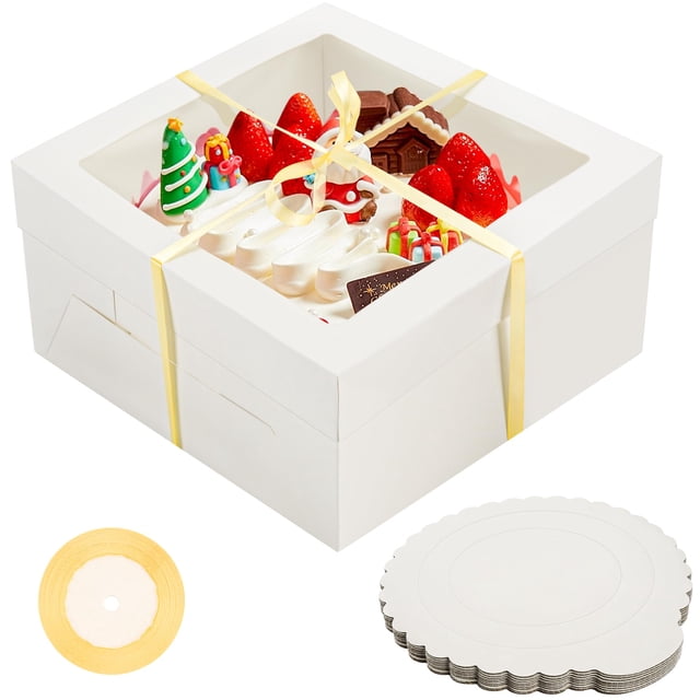Cajas para tartas NPLUX, blancas, con ventana de 30 x 30 x 15 cm, con tablas y cinta