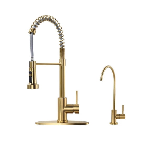19 in. H Single Handle Pull Down Sprayer Kitchen Faucet with Drinking Water Faucet and 360° Swivel Spout in Gold