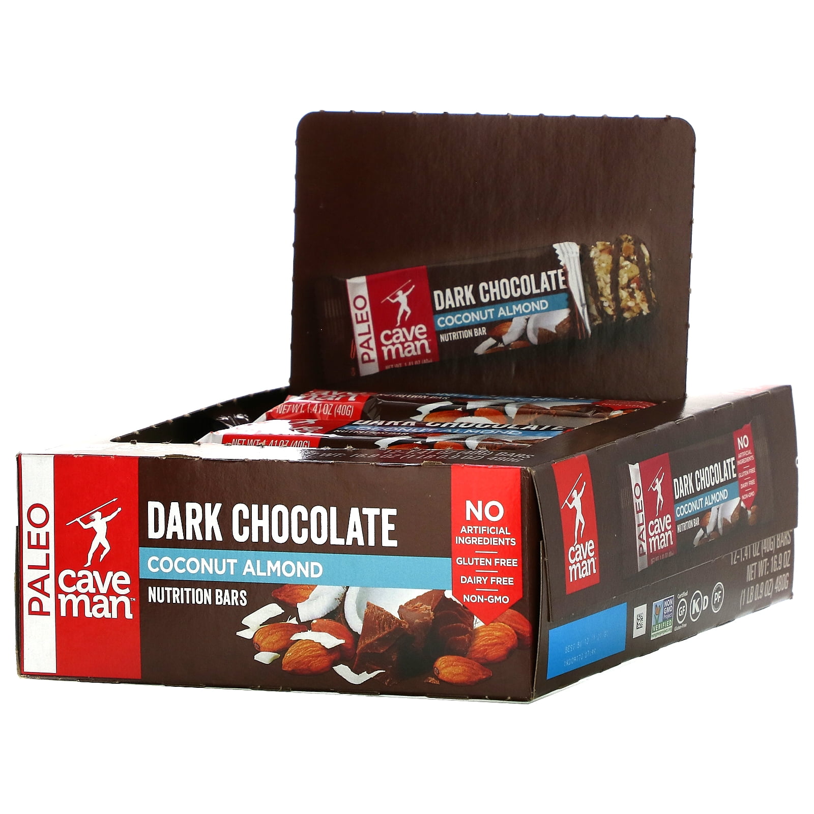 Caveman Foods Nutrition Bars, Dark Chocolate Coconut Almond, 12 Bars, 1.41 oz (40 g) Each