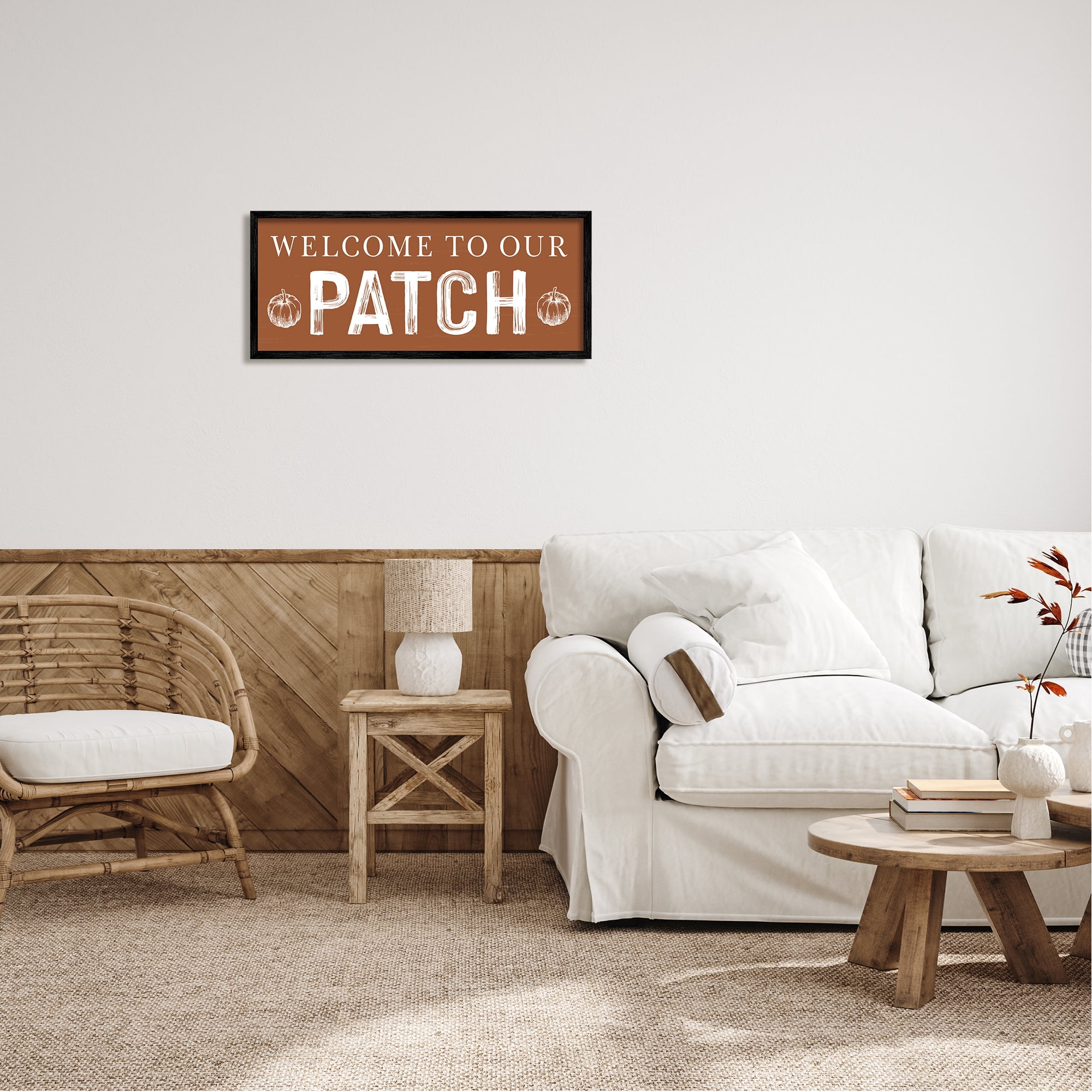 Stupell Industries Welcome Pumpkin Patch Holiday Painting Black Framed Art Print Wall Art, 30 x 13