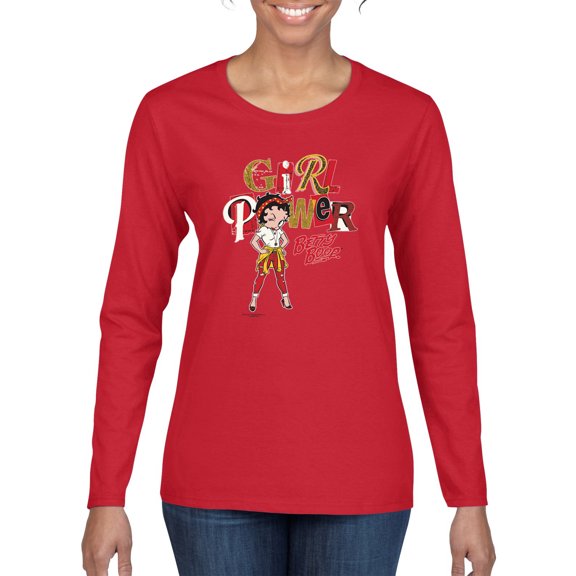 Wild Bobby, Betty Boop Winking Girl Power Femenist Betty Boop Womens Long Sleeve T-Shirt, Red, X-Large