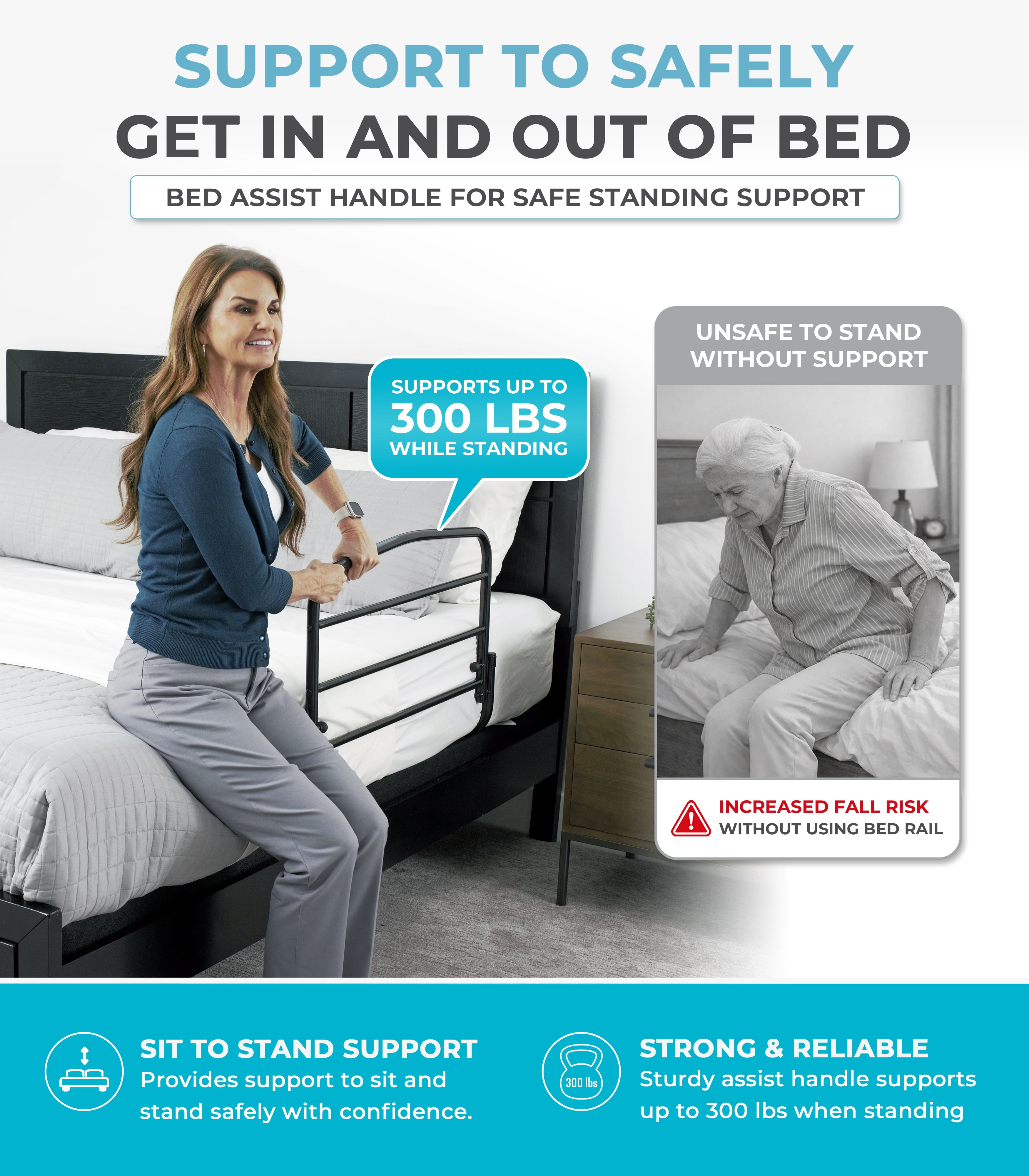 Stander 30 inch Safety Bed Rail, Folding Guardrail for Adults, Seniors, and Elderly, Bedside Stand Assist Bar, Fits King, Queen, Full, and Twin Beds, ASTM Safety Approved Bedrail
