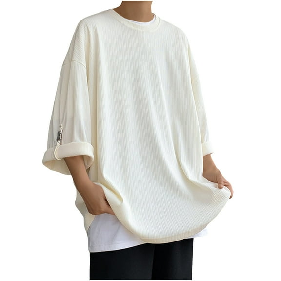 VSSSJ Men's Roll Up Long Sleeve Tee Shirts Casual Loose Crewneck Ribbed T-Shirt Comfortable Crew Neck Fashion Oversized Tops Beige XXXXXL