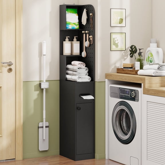 PULUOMIS 65" Tall Bathroom Storage Cabinet, Narrow Bathroom Organizer with Pedboard and Adjustable Shelf, Slim Space Saver with Drawer for Living Room, Kithchen, Black