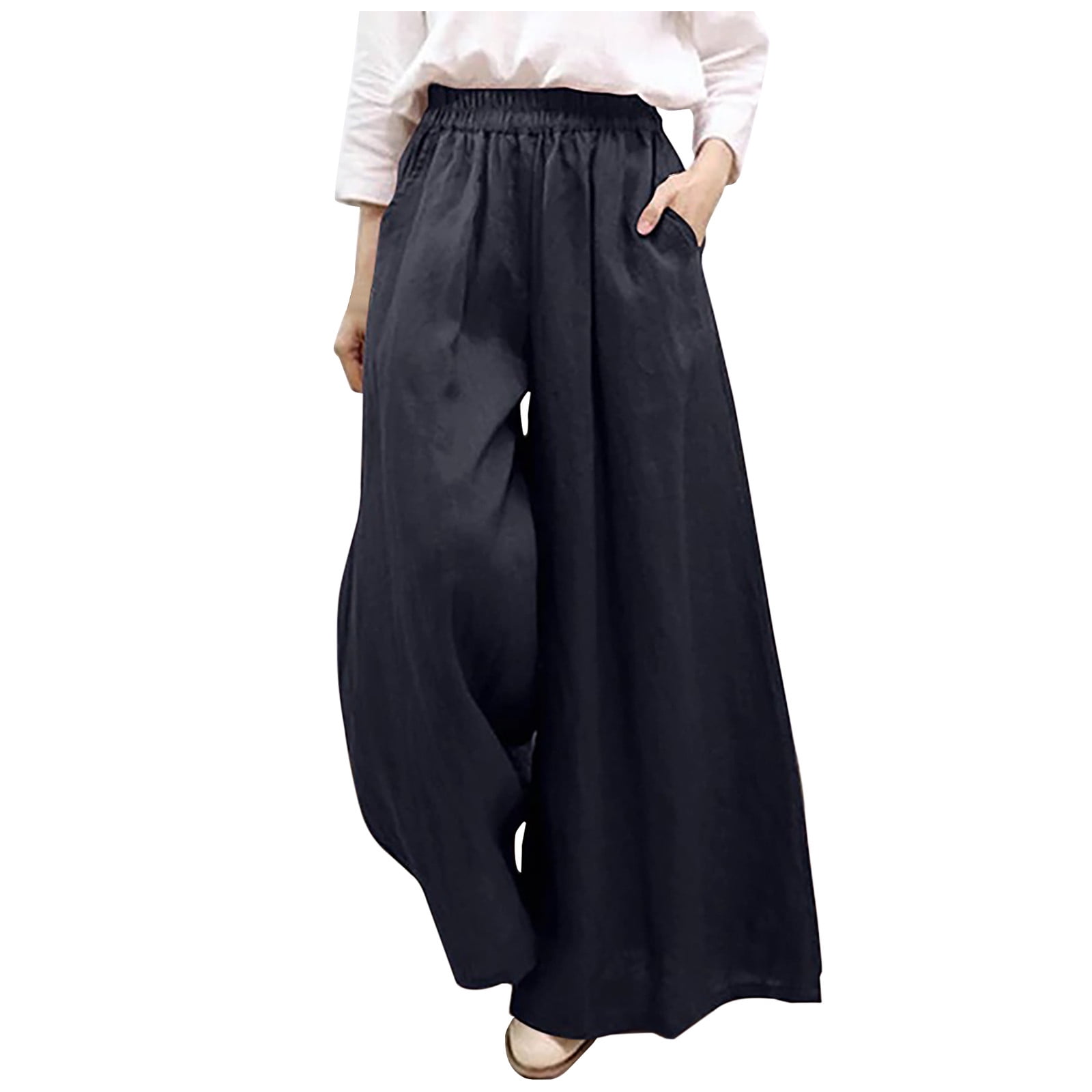 Linen Pants for Women Summer Casual Loose Elastic Waist Pockets Wide ...