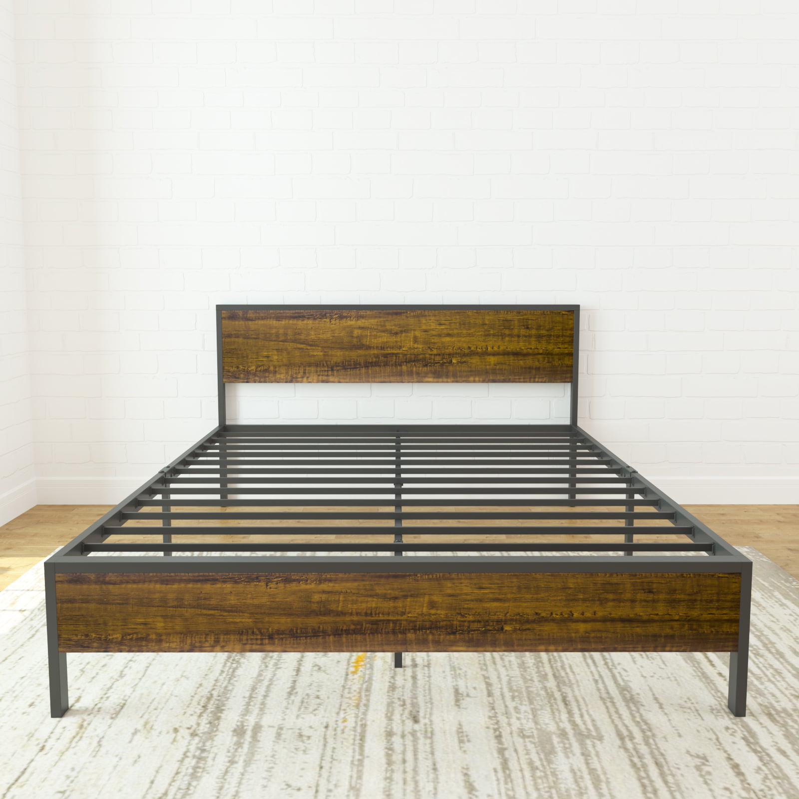 Metal Steel Bed Platform Full Size Frame High Profile Heavy Duty Wood Slates 