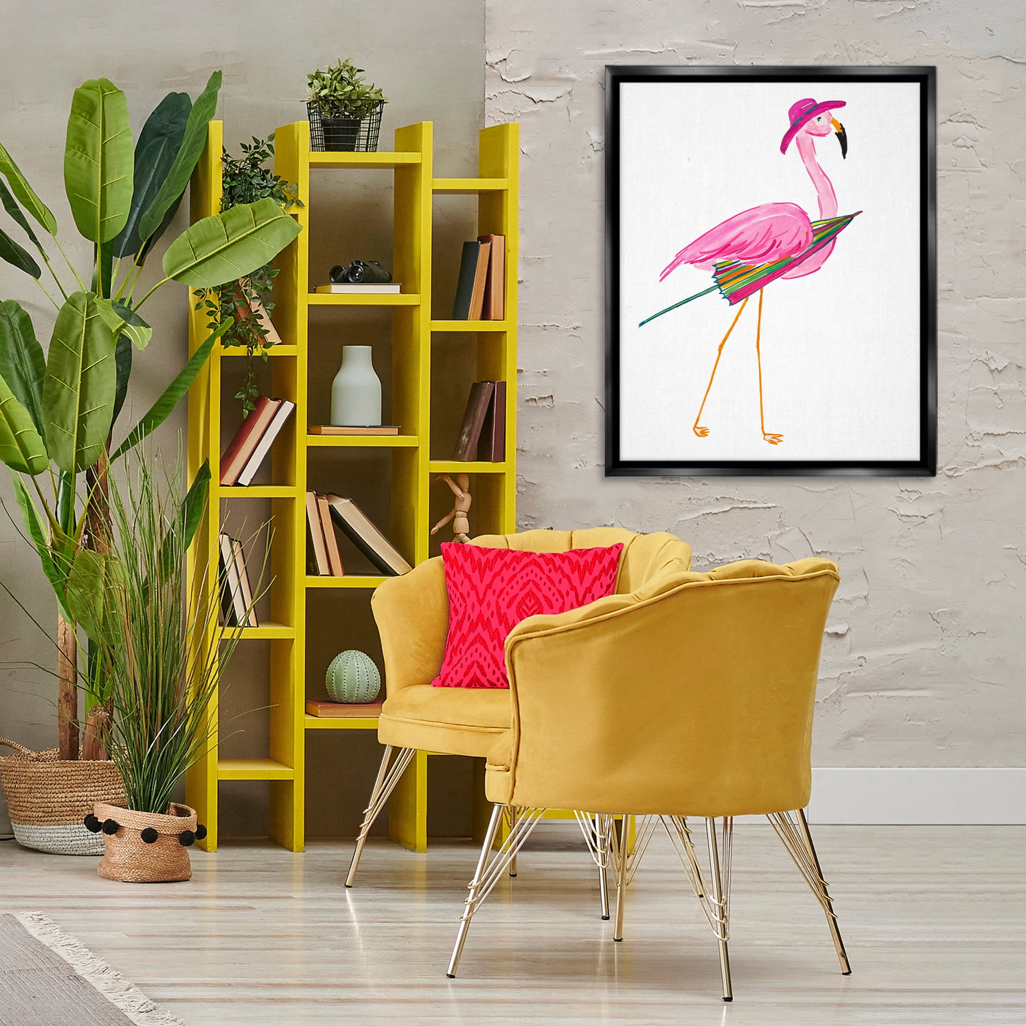 Stupell Industries Flamingo with Beach Umbrella Animals & Insects Painting Black Floater Framed Canvas Art Print Wall Art, 25 x 31