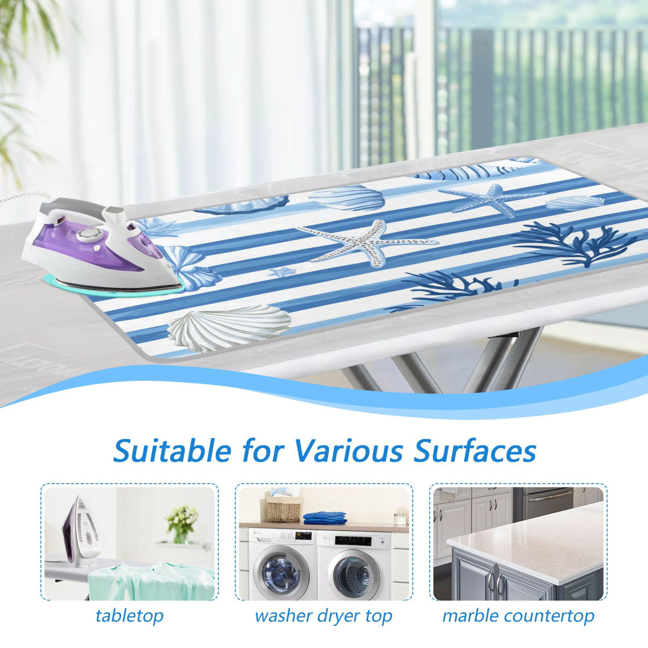 Blue Stripes Shells Starfishes Water Plants Ironing Mat Blanket Portable Travel Ironing Pad Heat Resistant Pad 47.2" x 27.6”