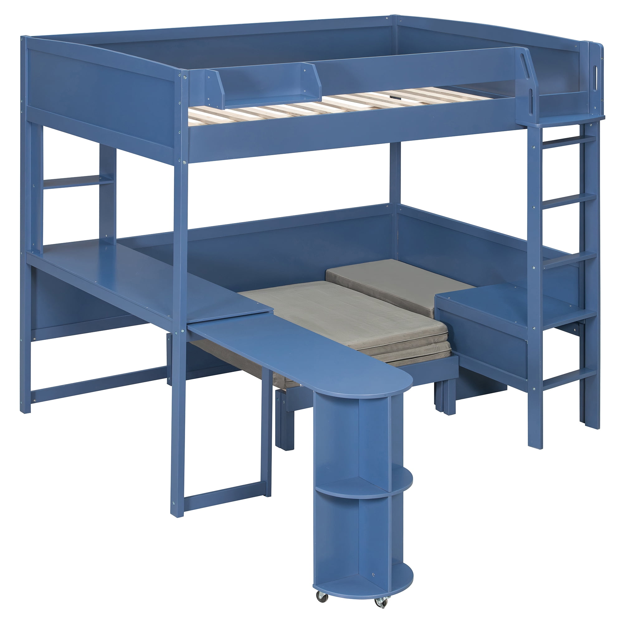 Full Size Wood Loft Bed with Desk, Bedside Storage Shelf, Sofa and Light, Space Saving Loft Bed with Rotating L-Shaped Desk for Bedroom Home Office Studio Apartment, Navy Blue