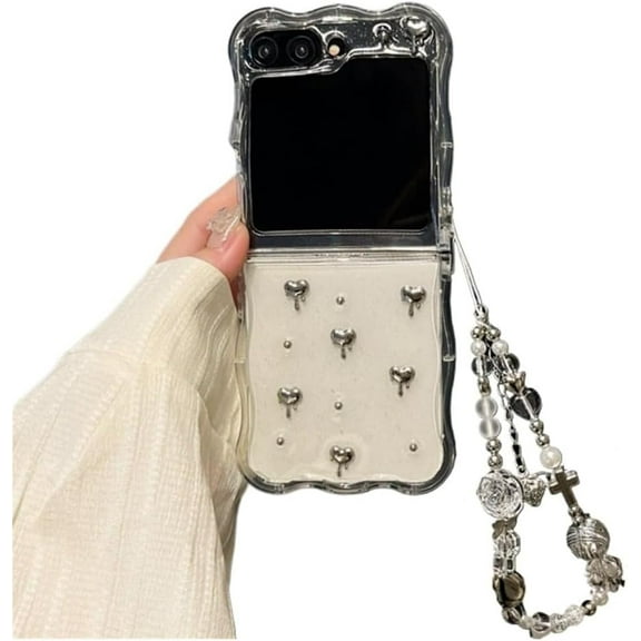 Case for Samsung Galaxy Z Flip 6 (2024),Cute Beautiful Rhinestone Love Heart Design Phone Protective Cover with Pearl Wrist Chain for Girls Women (with Chain)