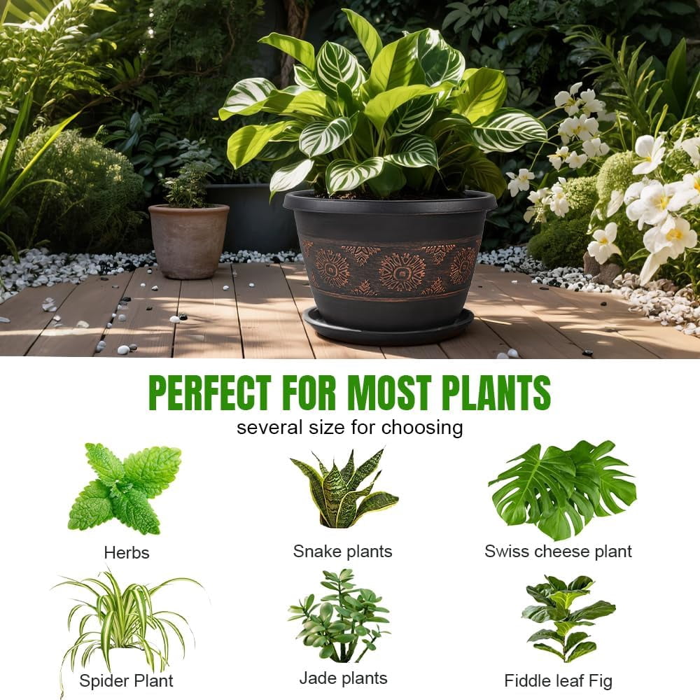 Vintage patterned flower pots with drainage holes and trays, plastic garden flower pots suitable for indoor and outdoor plants. Different colors and specifications to choose from