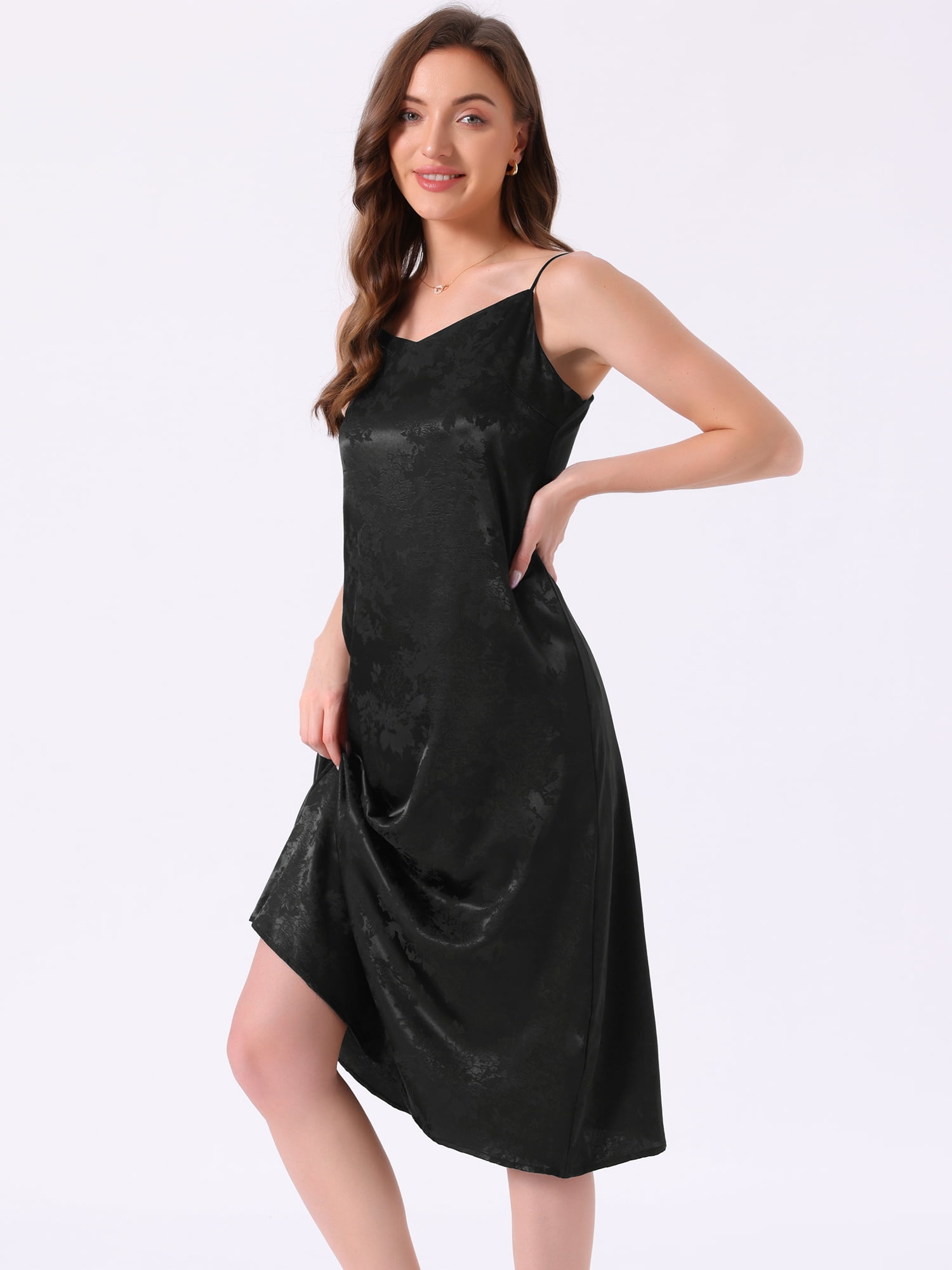 DARING DIVA Women's Satin Floral V Neck Spaghetti Strap Slip Nightgowns XS Black