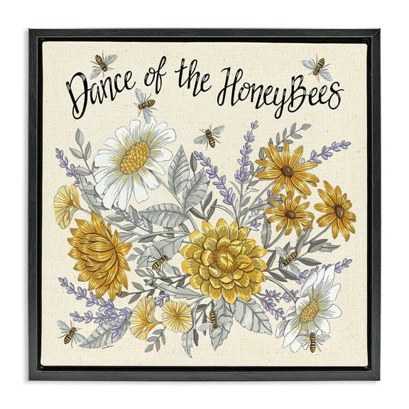 Stupell Industries Dance of Honeybees Plants & Flowers Painting Black Floater Framed Canvas Art Print Wall Art, 18 x 18