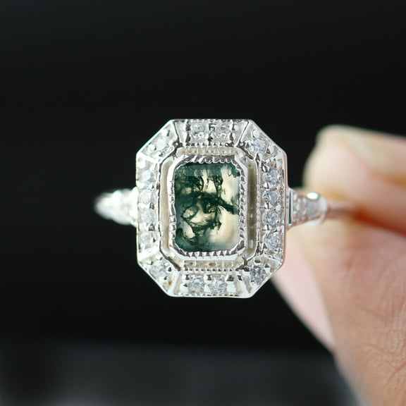 Moss Agate & Diamond Halo Ring, Octagon Sapphire Ring, 925 Sterling Silver Vintage Ring, Anniversary Gift For Her, Milgrain Ring