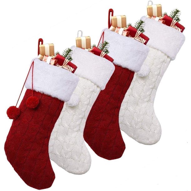 Paquete de 4 medias navideñas, medias navideñas rojas y blancas con piel sintética de felpa, medias navideñas rústicas para rellenar y colgar decoraciones navideñas para chimeneas