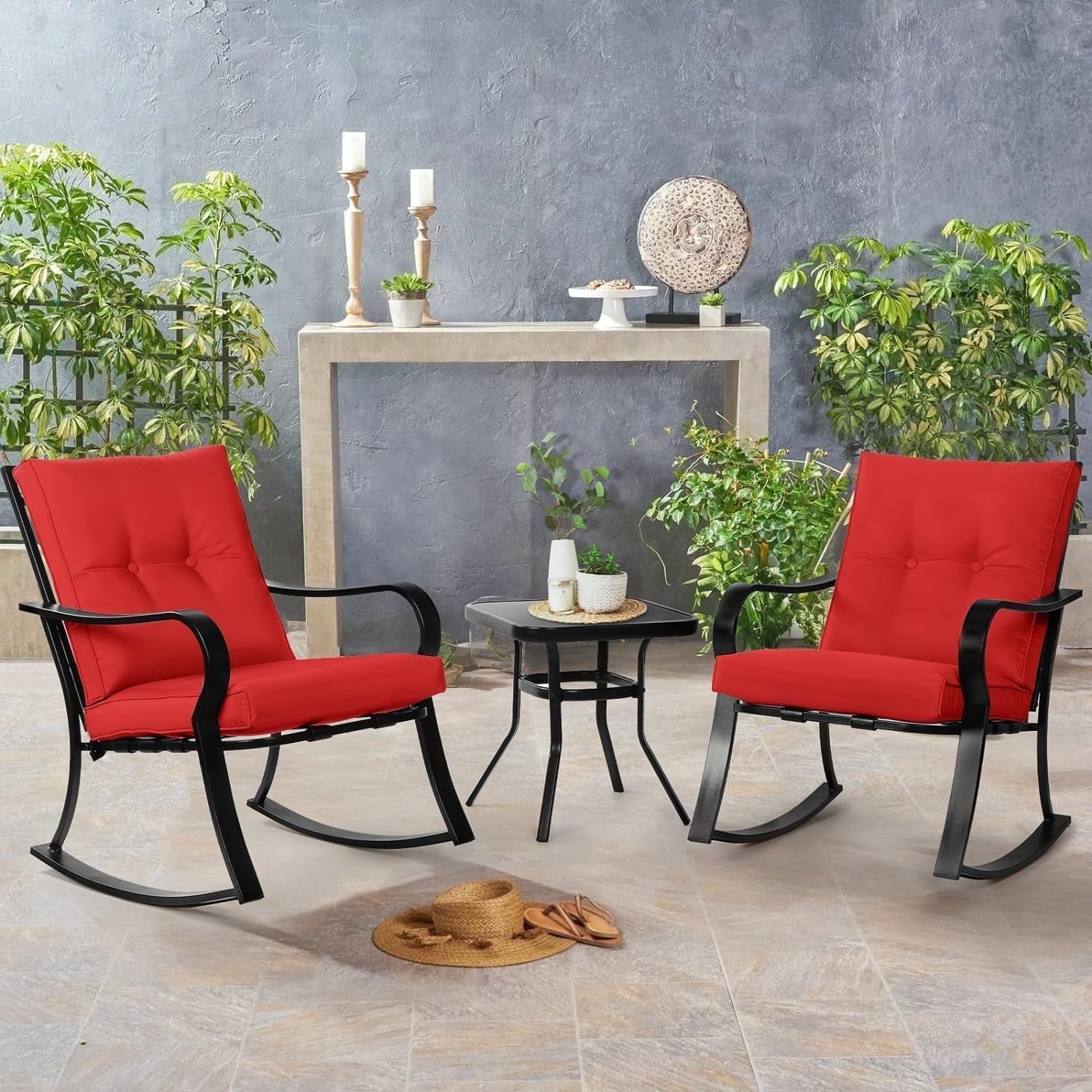 SUNCROWN 3-Piece Outdoor Patio Furniture Black Metal Set with Chairs Set of 2 and Glass-Top Table, Red