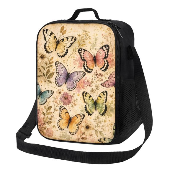 Butterfly Floral Lunch Bag Insulated Thermal Lunch Box with Shoulder Strap & Handle for Women and Men