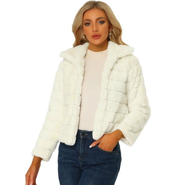 Abrigo de piel sintética para mujer, chaqueta, cuello de punta, mullido, frente abierto, cálido, prendas de vestir de invierno Blanco L