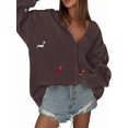 thumbnail image 3 of Women'S Fall Graphic Embroidery Button Down Cardigan V Neck Cozy Funny Knit Cardigan Sweater Jacket Coat Zy5126 Brown S, 3 of 8