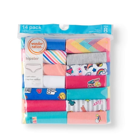 Wonder Nation Girls 100% Cotton Hipster Panty, 14 pack