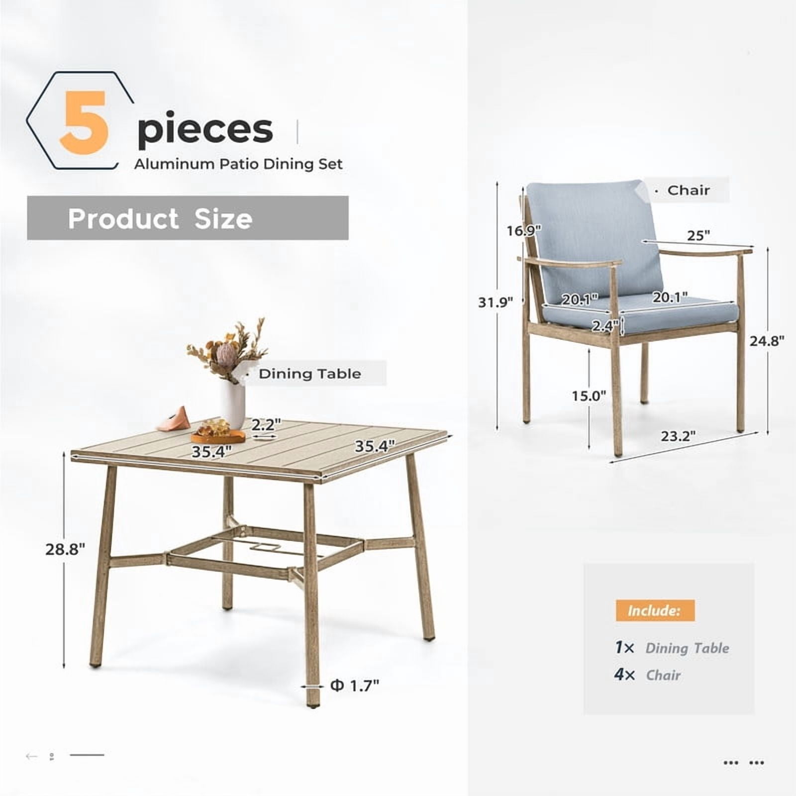 5-Piece Outdoor Dining Set for 4, Aluminum Patio Dining Set Includes 1 Large Square Table with Umbrella Hole and 4 Dining Chairs