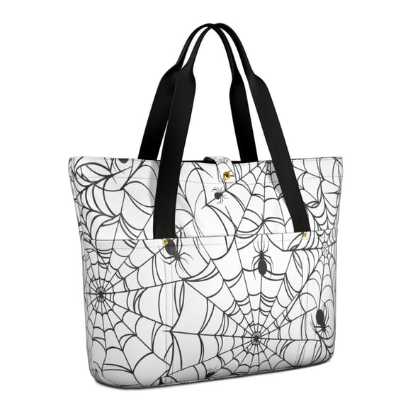 Tote Bag for Women - Black Halloween Spider Webs Shoulder Bag - Large Utility Work Duffle Bag with Zipper Handbag for Travel, Work, Sprots