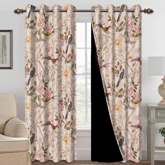 Mizhona Pink Blackout Curtains for Bedroom,Chinese Theme Birds Printed Room Darkening Curtains Set of 2,42"x84"