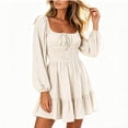 thumbnail image 2 of Karymi Wedding Guest Dresses for Women Square Neck Long Puff Sleeve Dress, Solid Color Tie Front Smocked Waist Ruffle Hem A-Line Mini Dress, Casual Flowy Swing Short Dress Spring Dresses for Women, 2 of 6