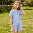 thumbnail image 6 of Girls 2 Piece Plaid Suit Puff Short Sleeve Crew Neck Tops Elastic Waist Short Ruffled Hem Cute Casual Outfits (15-16 Years, Blue), 6 of 8