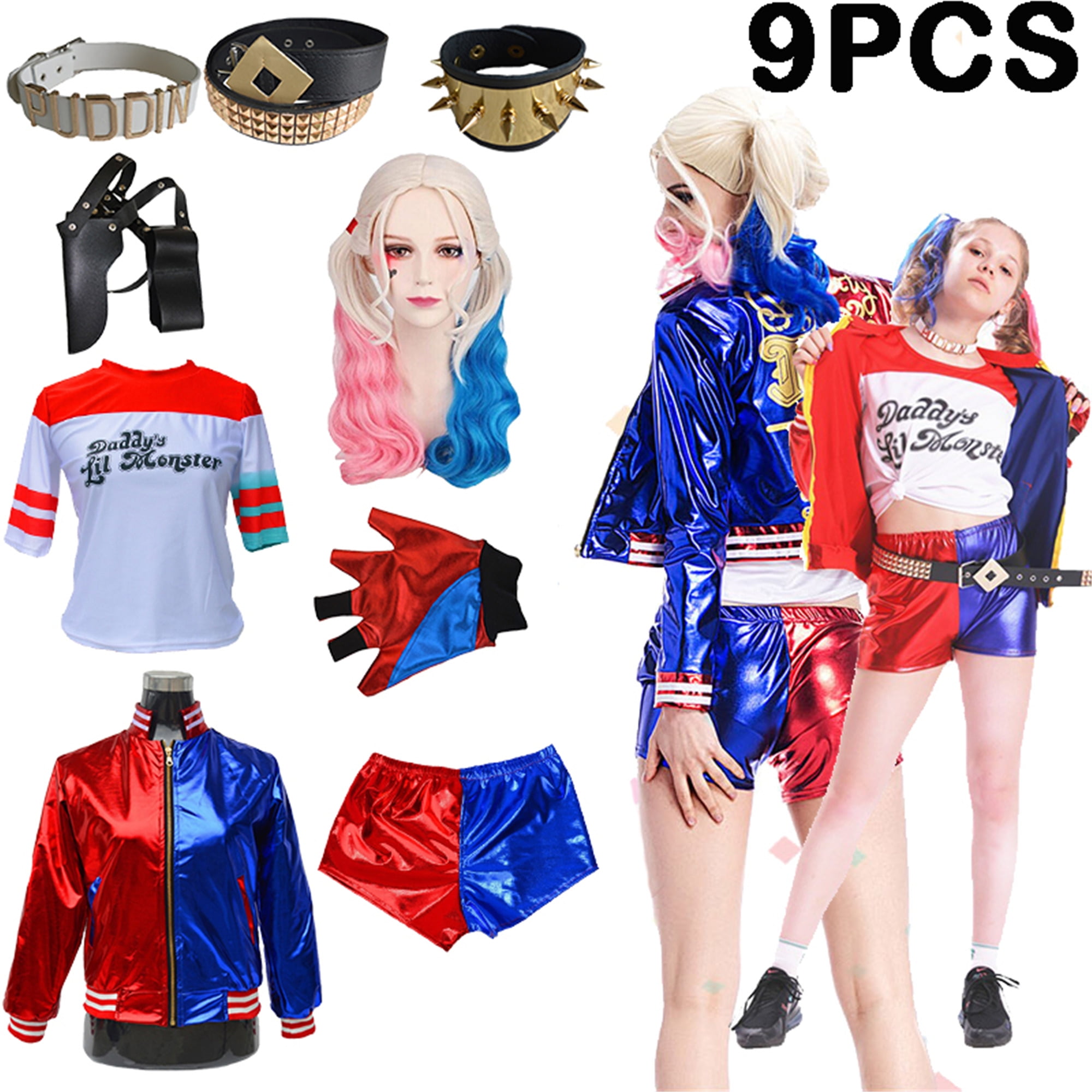 Kids Adults Suicide Squad Harley Quinn Cosplay Costumes 9Pcs 