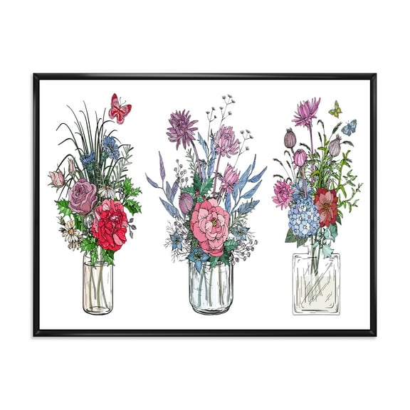 Designart 'Transparent Vases With Bouquets of Wildflowers I' Farmhouse Framed Canvas Wall Art Print