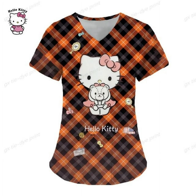 GUISHUAN Blouse de Travail pour Femmes Hello Kitty, Uniforme d'Infirmière, Manches Courtes, Col en V