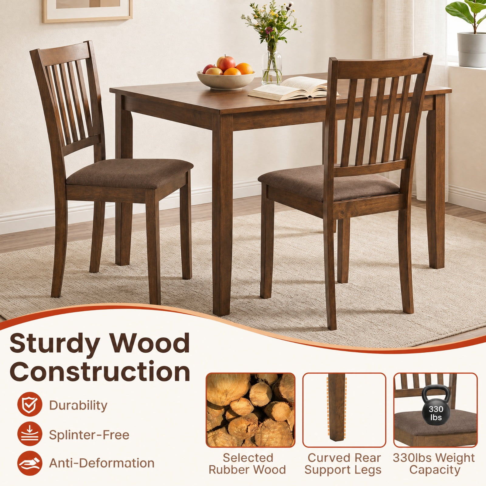 Furnibear Upholstered Wooden Dining Chairs Set of 2 with Padded Fabric Seats and Rubber Wood Frame for Kitchen Dining Room, Brown